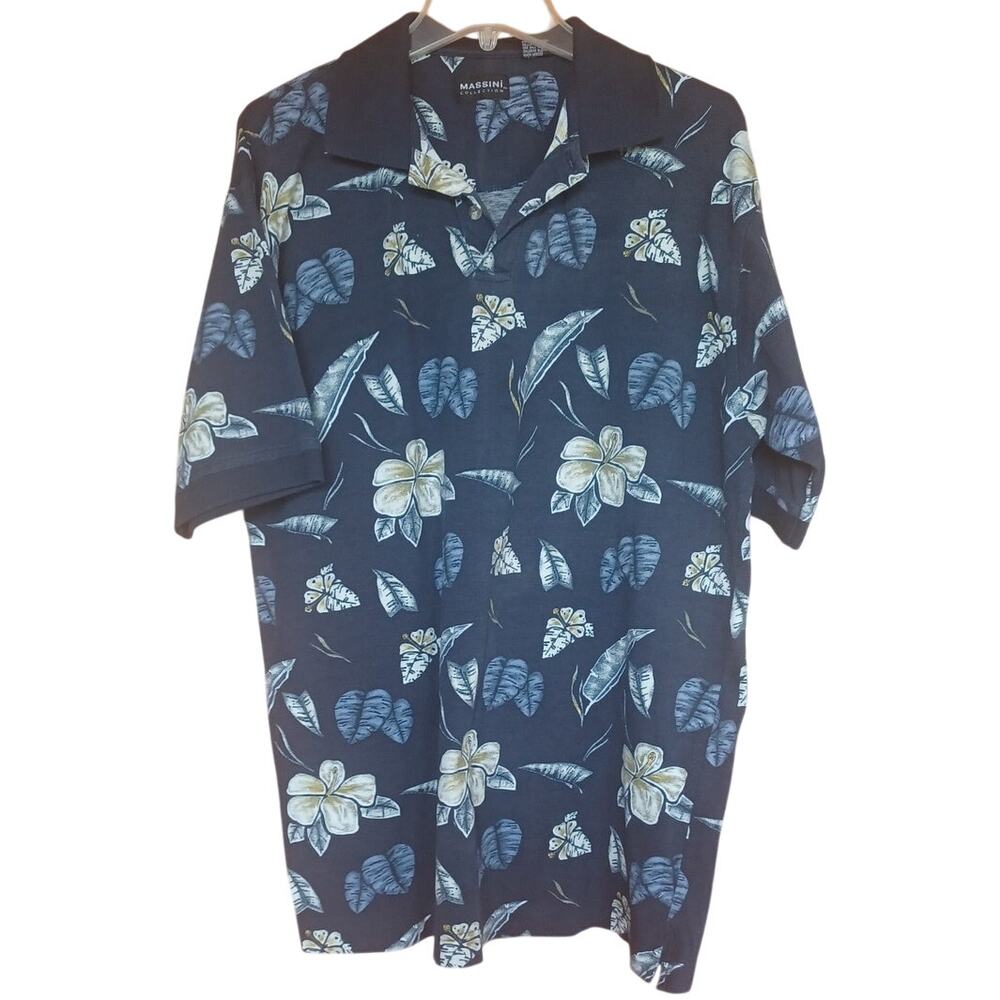 Vintage Massini Collection 100% Cotton Blue Floral Polo Men's Large Tropical